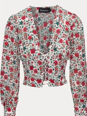Realisation Par The Bennie Top - Red & White Batik Floral Lace-Up Crop Blouse M